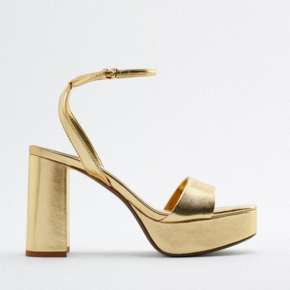 NWT ZARA GOLD LEATHER PLATFORM HIGH HEELED SANDAL, SIZE 10 - Picture 2 of 16